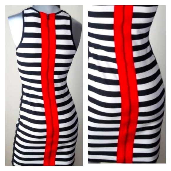 "Rachel Roy" Black/White Pop of Red Fitted Cocktail Party Midi Sleeveless Dress - Picture 9 of 9